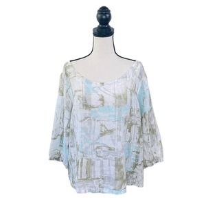 ONZ Linen Watercolor Top 3/4 Sleeves Oversized Sz Small Made in Italy Lagenlook